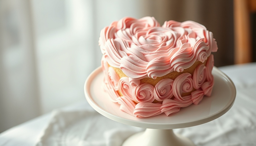 Vintage Heart Cake with pink and white frosting on a stand.