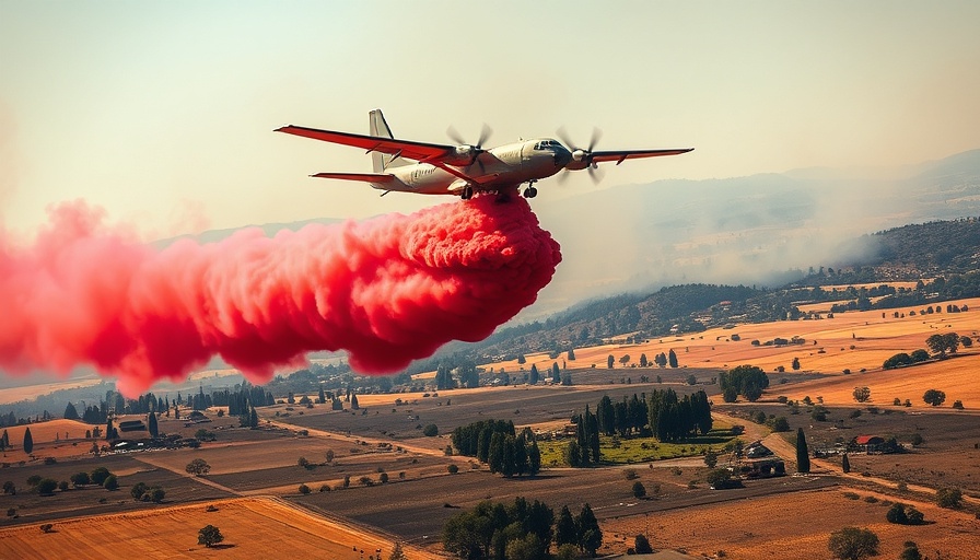 Aerial firefighting plane releasing red fire retardant over rural landscape.