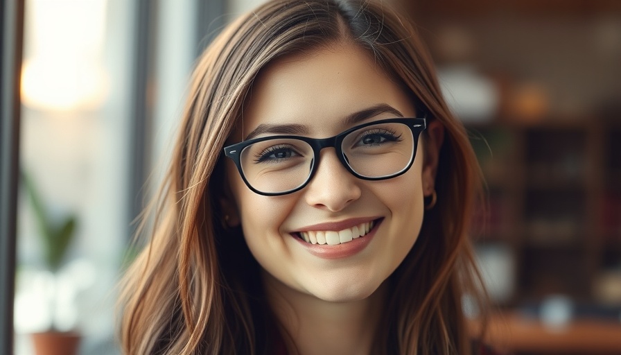 Young woman smiling warmly with glasses, soft indoor lighting.