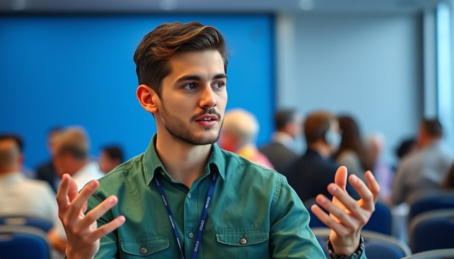 A man discussing ideas at a conference, relating to human lifespan.