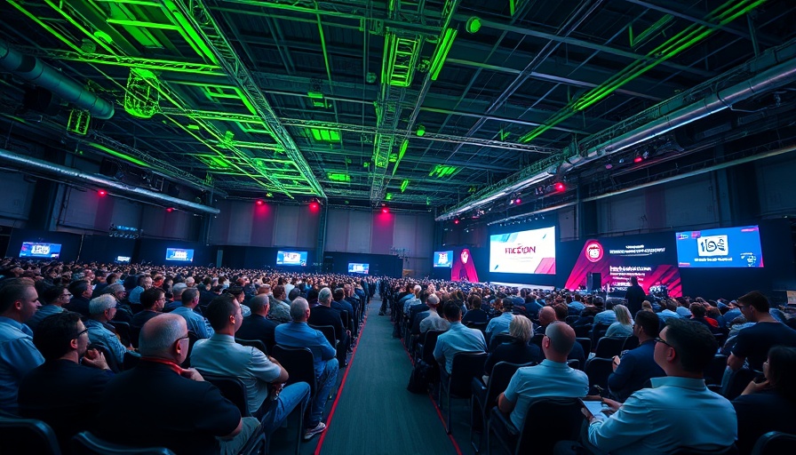 TechCrunch Disrupt 2025 conference with large audience and green lighting.