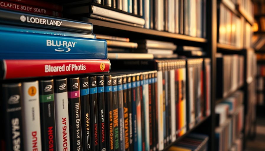 Blu-ray and DVD collection on a shelf with popular movie titles.