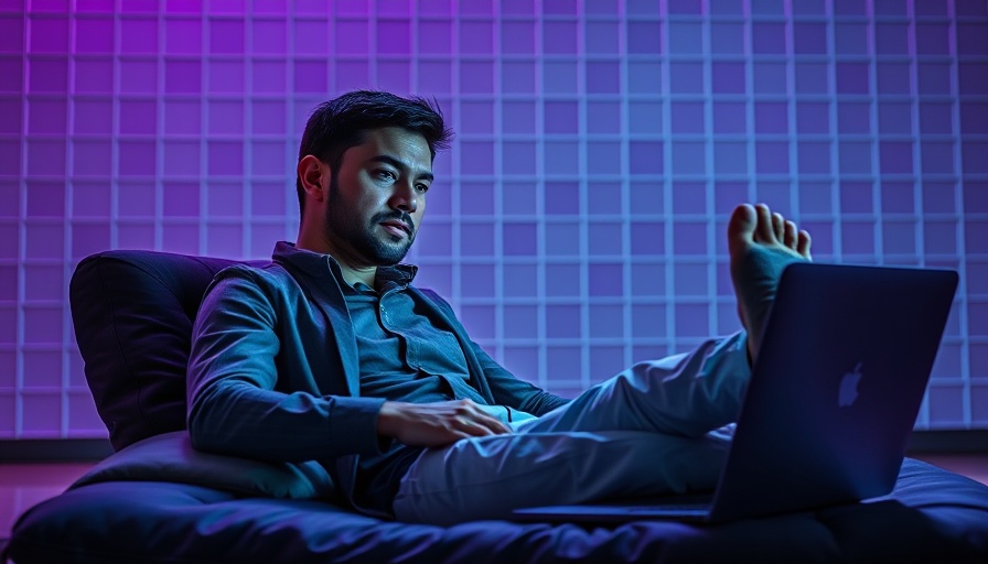 AI agent scene with relaxed man and laptop in futuristic setting.