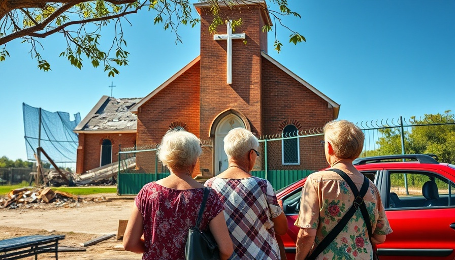 Christian families near damaged church observing debris.