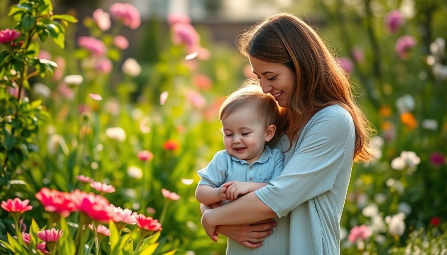 Honor your mother scene with mother and child in a garden.