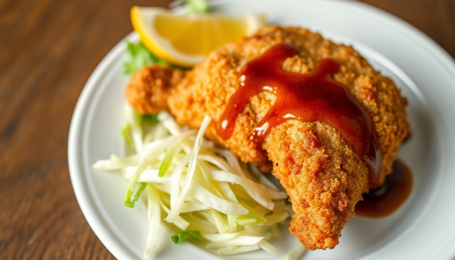 Chicken katsu with sauce and cabbage on a plate