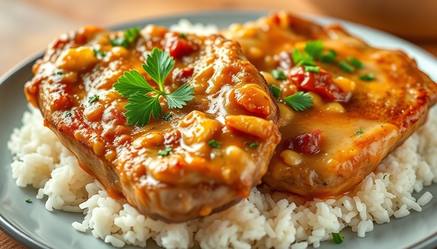 Juicy smothered pork chops with parsley on rice, delicious meal.