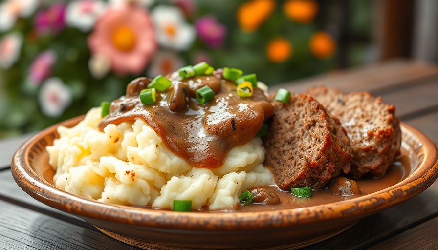 Delicious mushroom gravy over mashed potatoes and meatloaf, garnished with green onions.