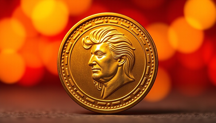 Golden meme coin with cameo, vibrant red-yellow bokeh.