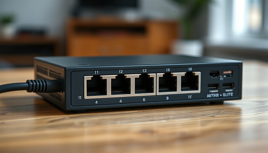 Compact network switch with Ethernet ports on wooden table.