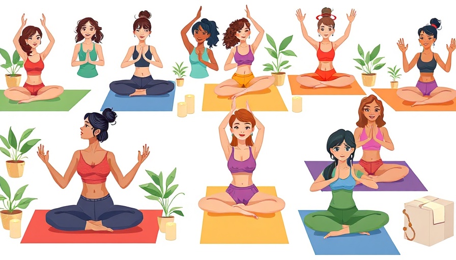 Vibrant cartoon of diverse women in yoga styles on colorful mats.