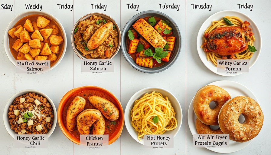 Weekly meal plan with varied dishes, vibrant and detailed layout.