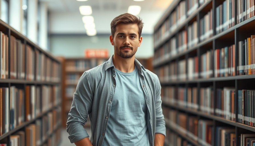 Confident man in library, related to AI drug discovery.