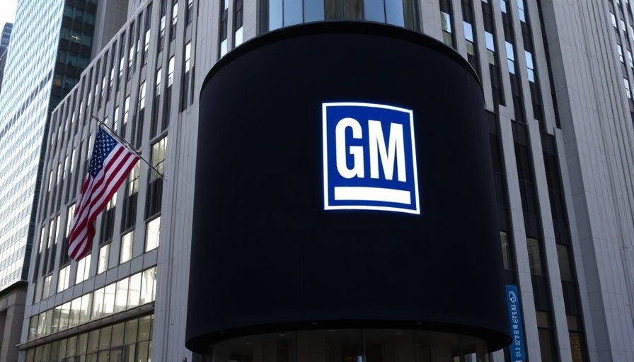 GM logo on display with American flag backdrop in urban setting.