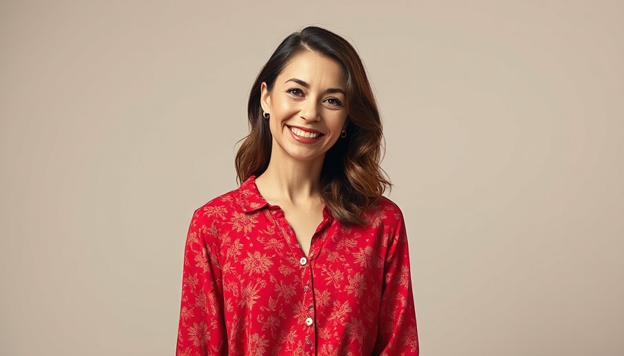 Smiling woman in red blouse related to tariffs discussion.