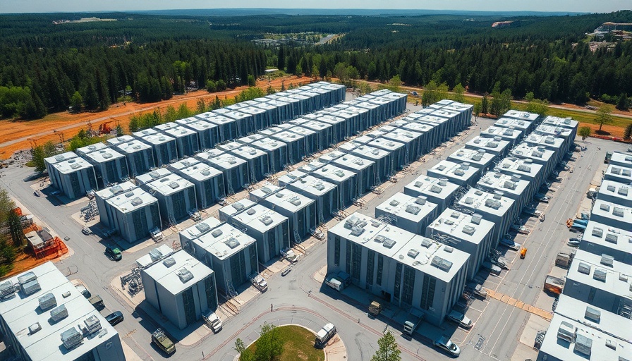 Expansive data center complex with cooling units in a forest setting.