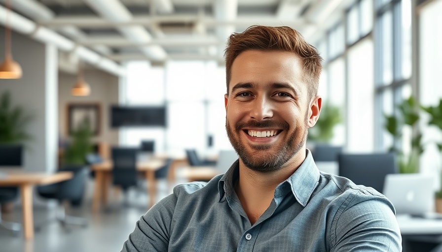 Smiling man in modern office setting, business travel management context.