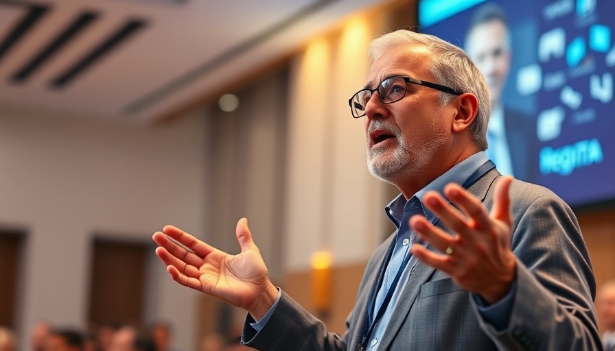 Middle-aged man speaking at AI drug discovery conference, gesturing.