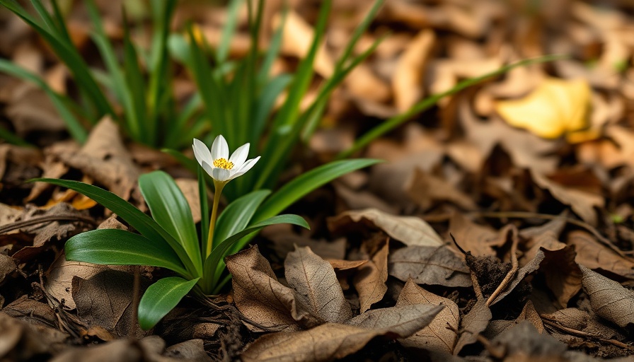 Symbolic white flower among dead leaves, representing Jesus' resurrection.