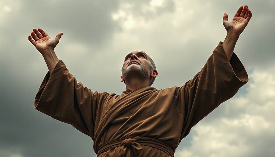 Francis of Assisi depicted with upraised arms against a cloudy sky.