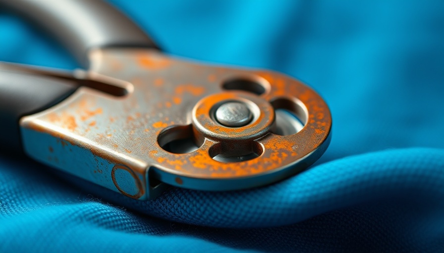 Rusty can opener on blue cloth close-up.