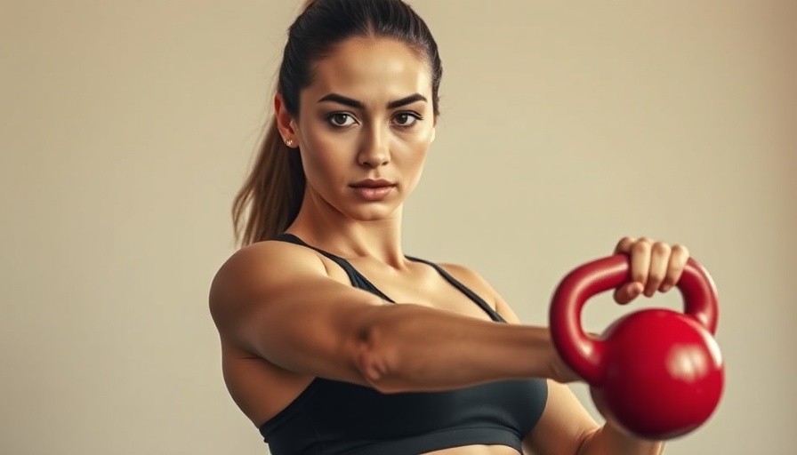 Focused woman strength training with kettlebell, vibrant gym setting.