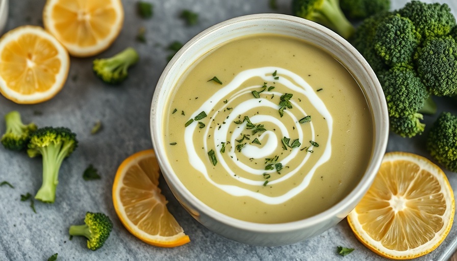 Lifelike image of creamy broccoli soup with herbs and cream.