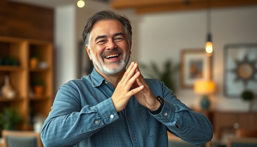 Middle-aged man joyfully engaging indoors, discussing a resurrection story.