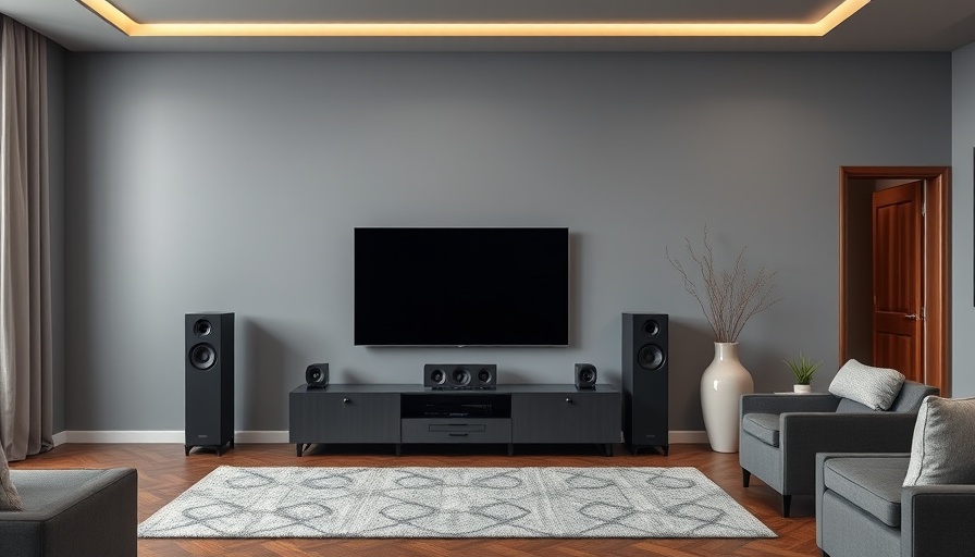 Modern home theater audio system with sleek TV and speakers.