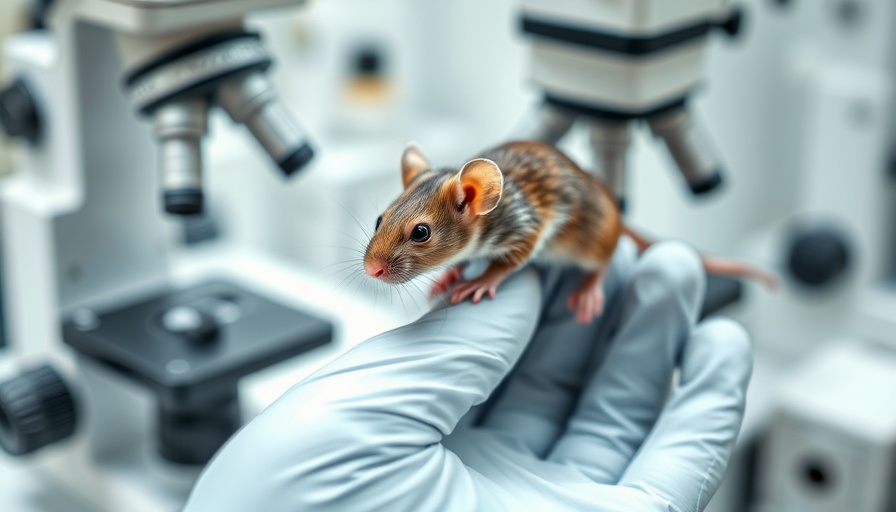 Lab mouse in genetic research with microscope and gloved hand.