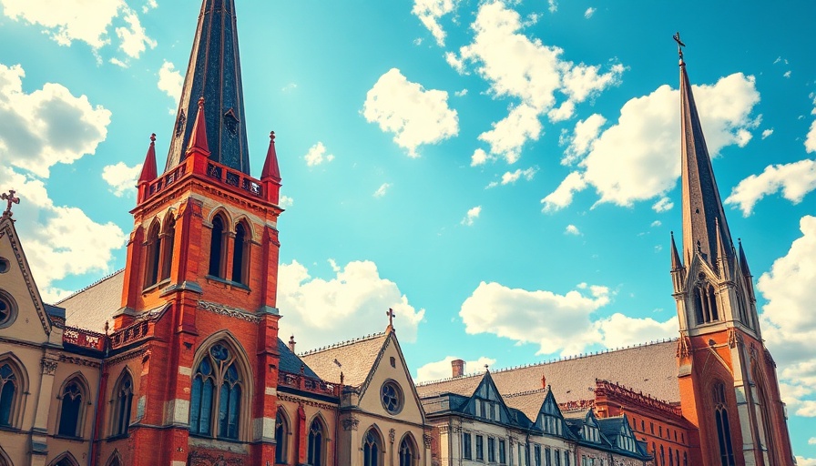 Vintage illustration of Protestant church architecture with spires.