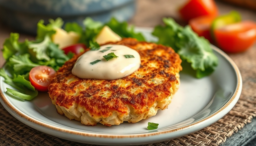 Tuna cakes with salad and creamy topping, vibrant colors, soft lighting.