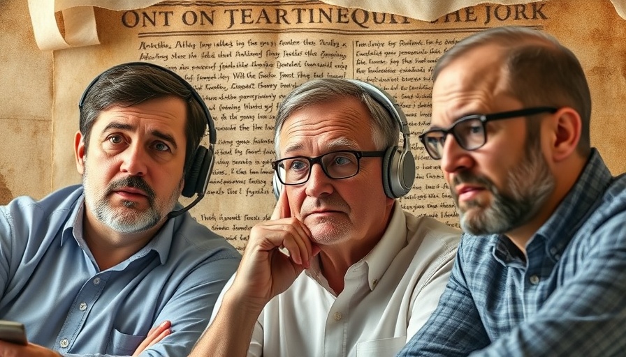 Three men discussing in front of the Great Isaiah Scroll backdrop.