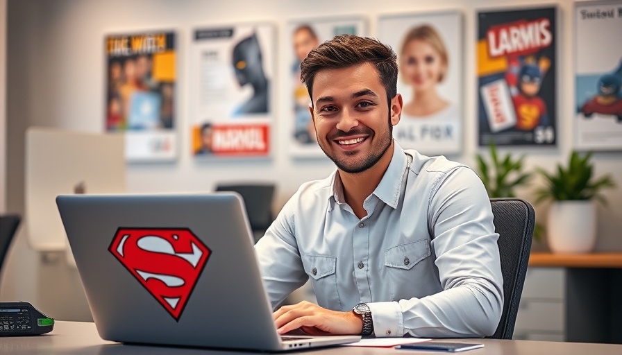 Smiling person with superhero laptop in a modern office setting focused on species extinction.