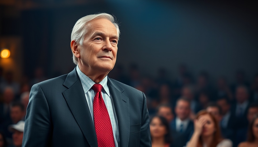 Older man in a suit standing confidently with a blurred audience.