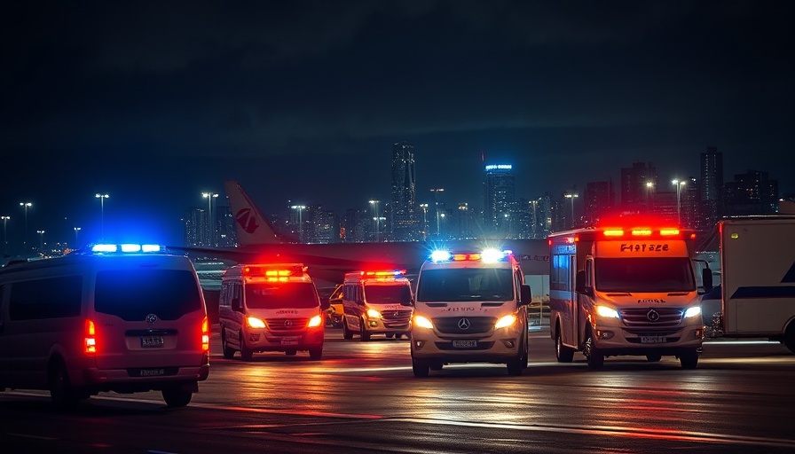 Nighttime airport emergency scene with flashing lights reflecting aviation safety.