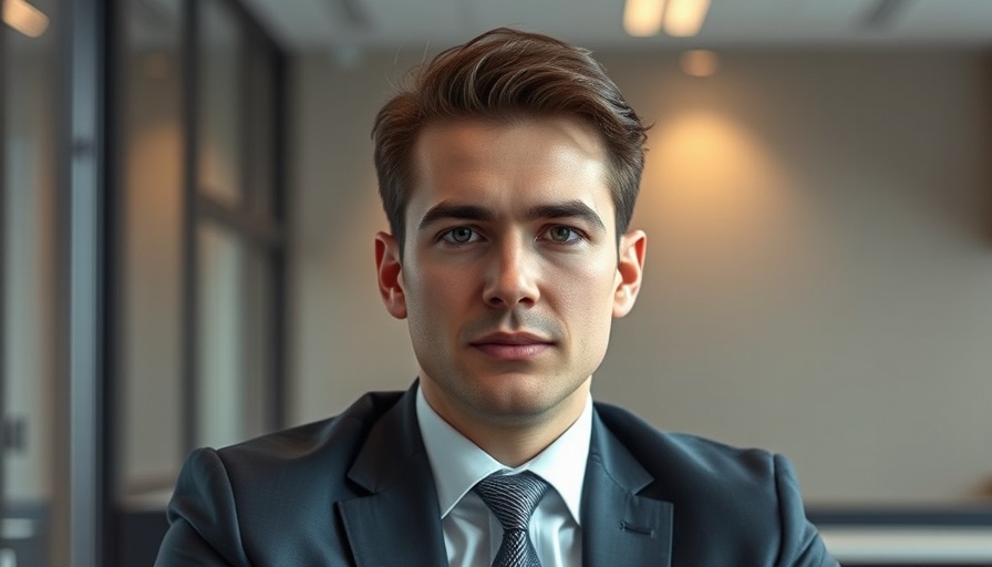 Young man in suit seated in modern office.