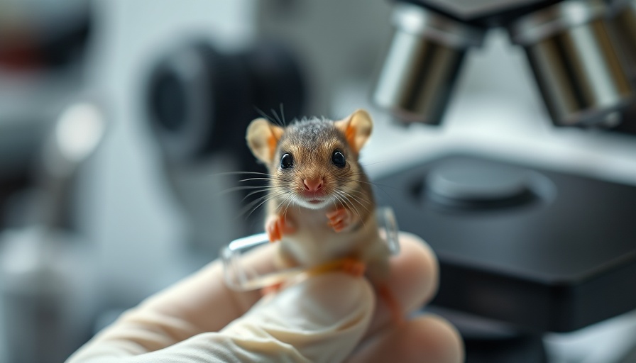 Mouse in laboratory tube near microscope, research setting.