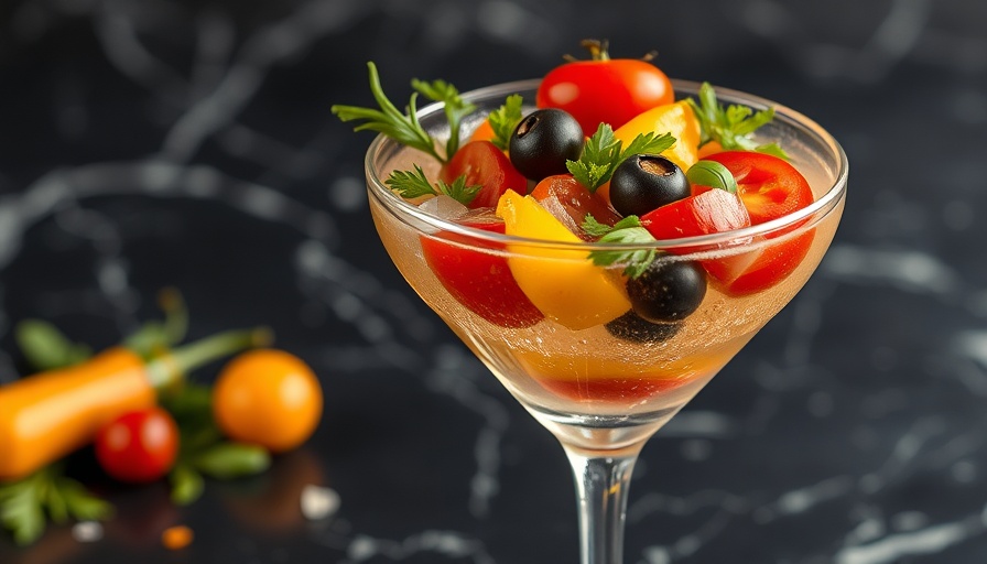 Salad martini with vibrant garnish on marble background.