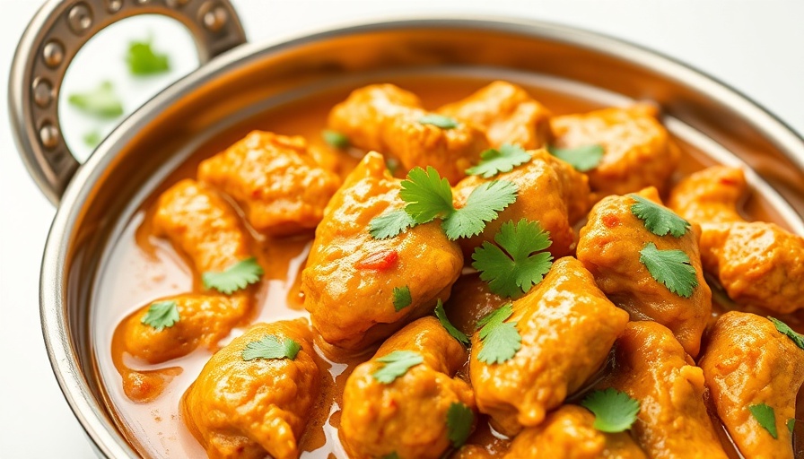 Cottage Cheese Butter Chicken with cilantro garnish in a metal dish.