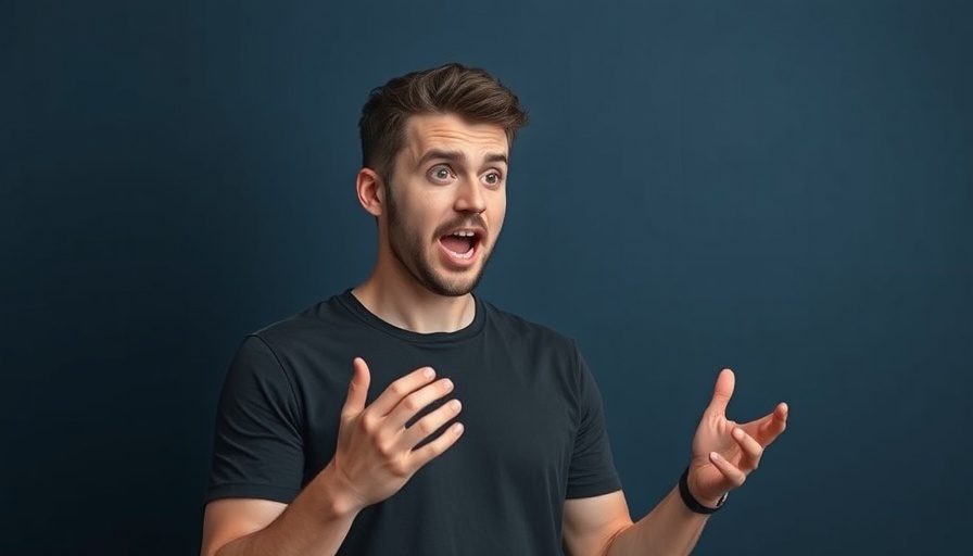 Animated young man discussing with expressive gestures, focus on Meta profits.