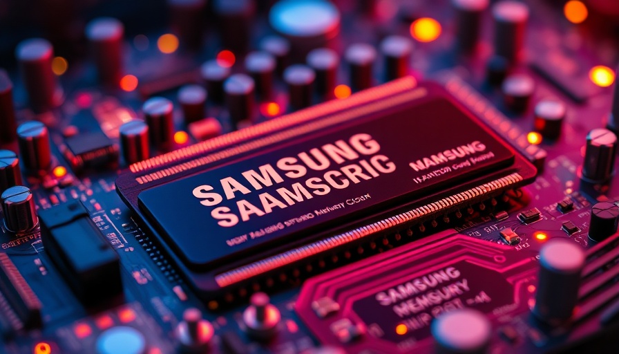 Samsung memory chips on a circuit board in neon lighting.