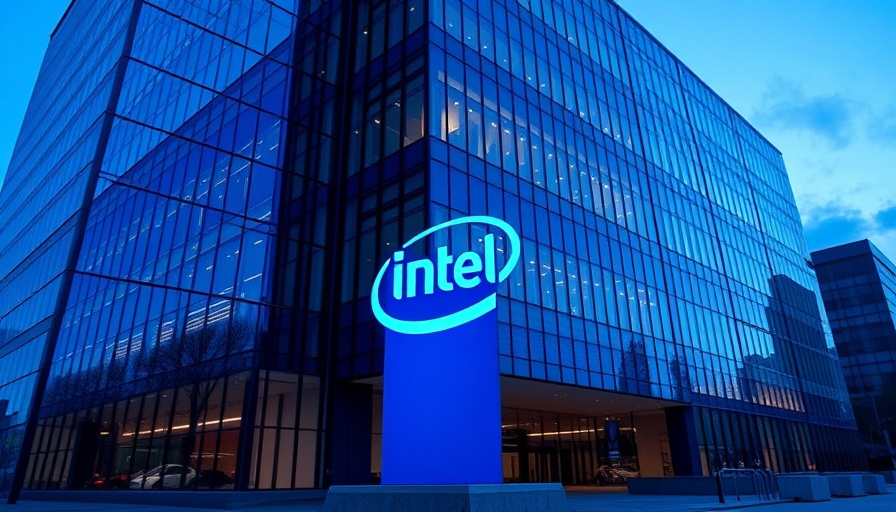 Intel corporate building with reflection and sign at dusk.