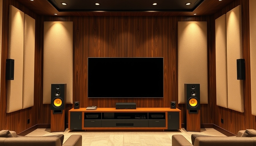 Modern home theater setup with speakers and flat-screen TV for sound distortion analysis.