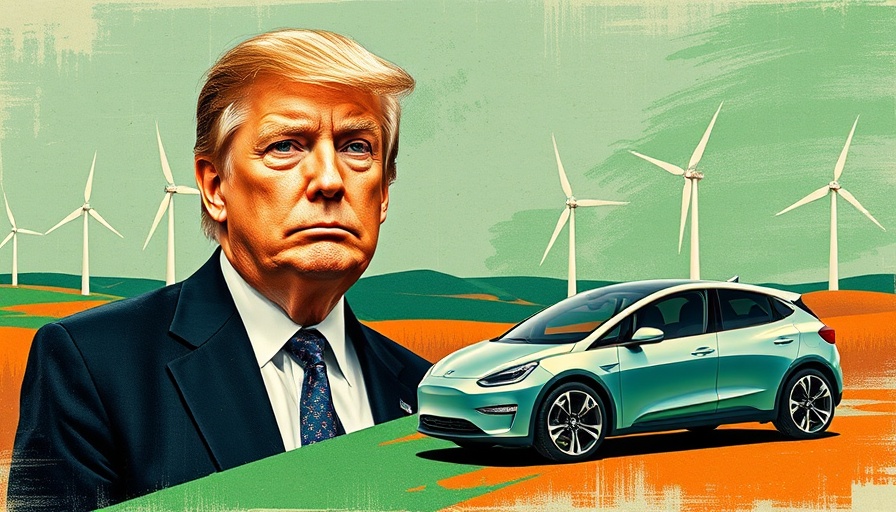 Collaged art of political figure with wind turbines and car in climate tech theme