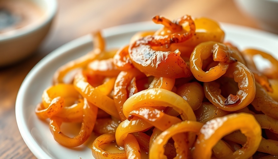 Delicious golden-brown caramelized onions on a plate.