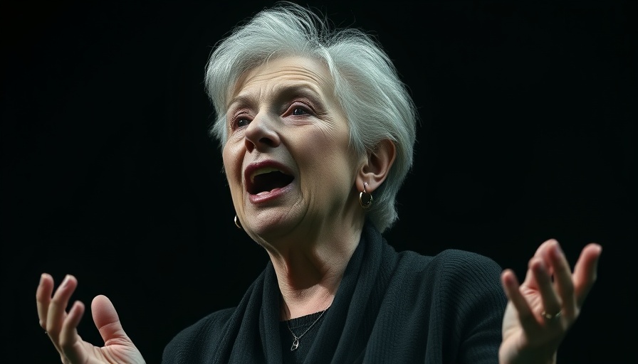 Monochrome image of elderly woman speaking passionately about Christianity's impact.