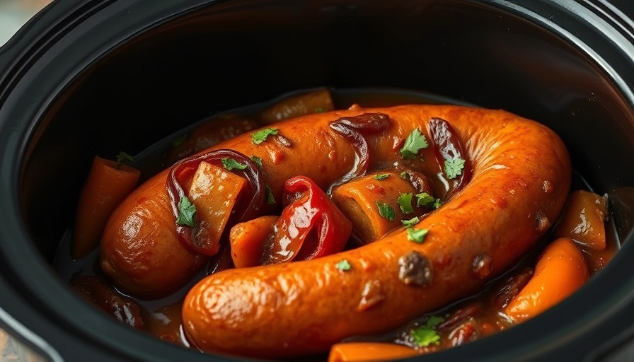 Rich slow cooker sausage and peppers topped with herbs.