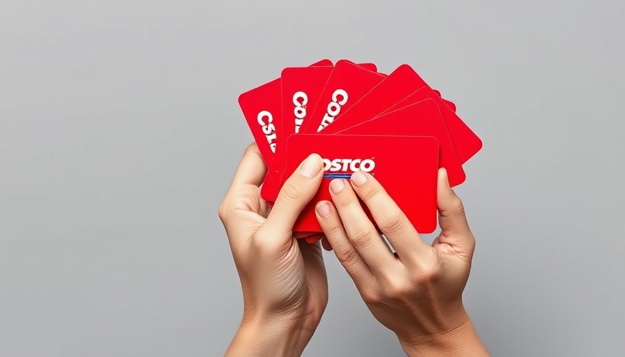 Hands holding several red Costco gift cards.