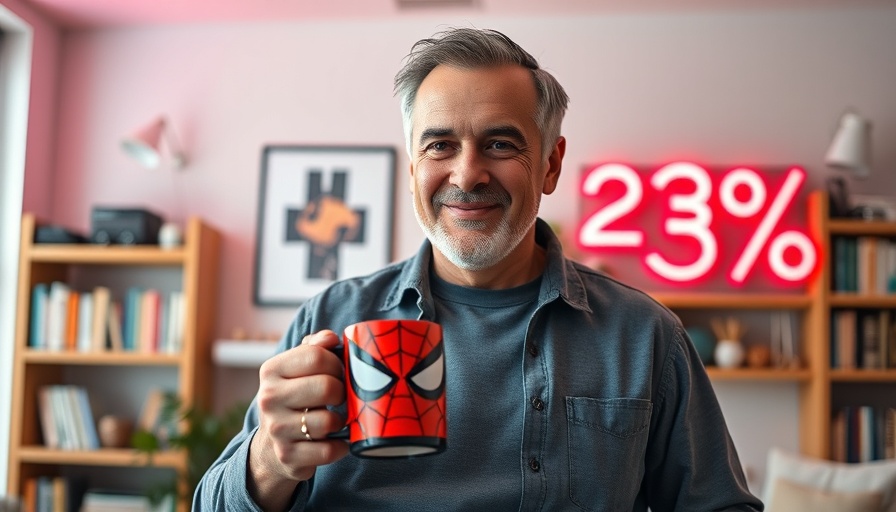 Casual middle-aged man with a mug and 23% overlay in a modern room.